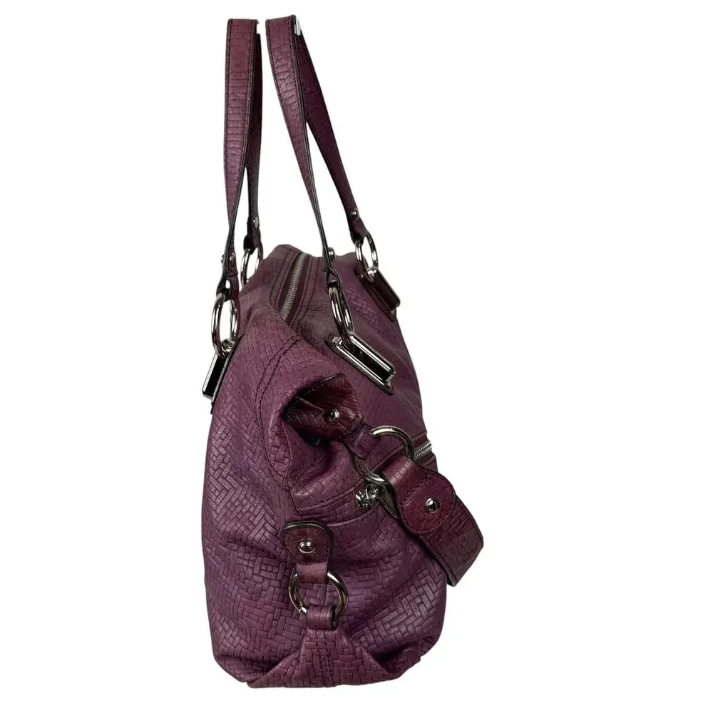 B MAKOWSKY Leather Mulberry Purple Woven Satchel Purse Handbag Y2K Double Handle